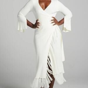 Gabrielle Union Ivory Cream Ribbed Knit Wrap Dress Fringe Hem Boho Size Small